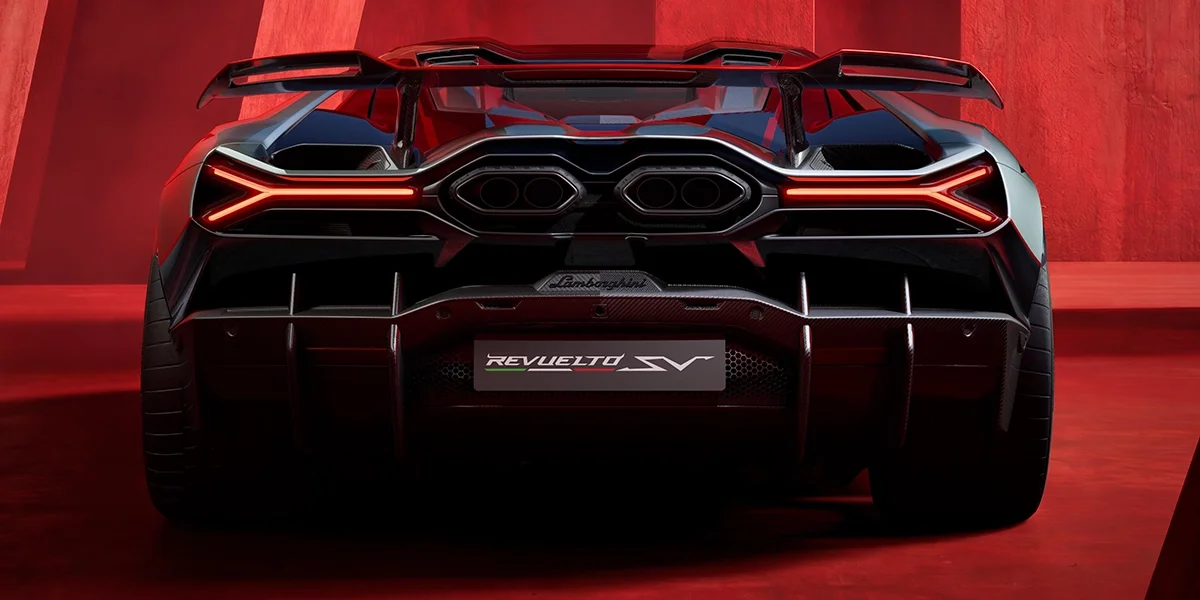 Rear exterior view of the 2027 Lamborghini Revuelto SV showing its fixed rear wing and aerodynamic design.