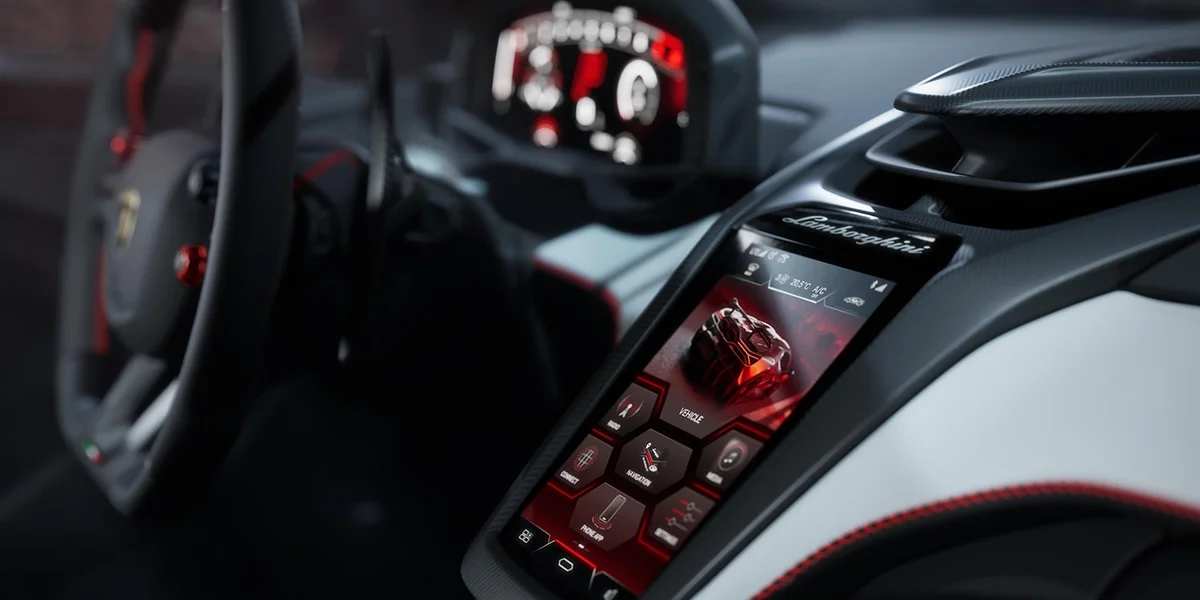 2027 Lamborghini Revuelto SV digital infotainment and center control display.