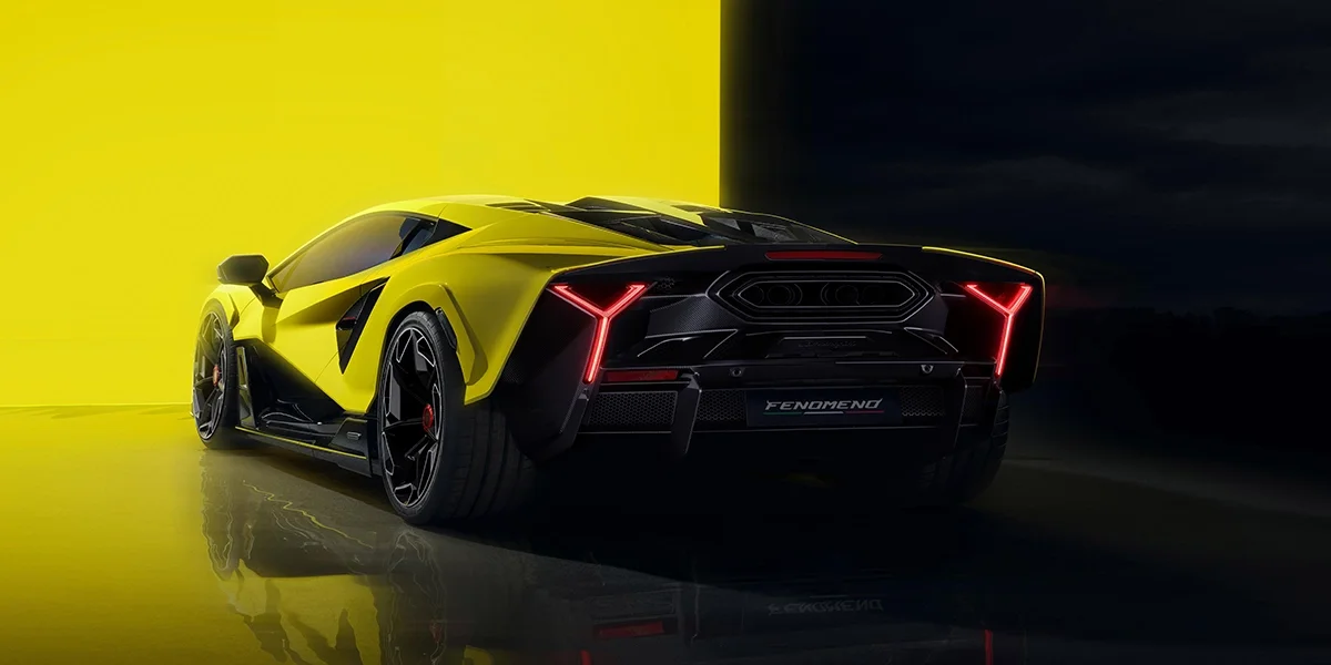 Rear three-quarter Lamborghini Fenomeno showcasing Y-shaped LED taillights and quad exhaust.
