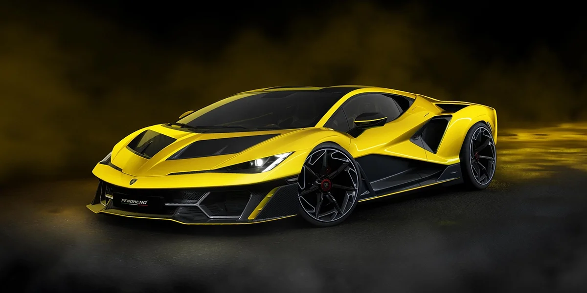 Lamborghini Fenomeno yellow hypercar in motion with dark smoke background.