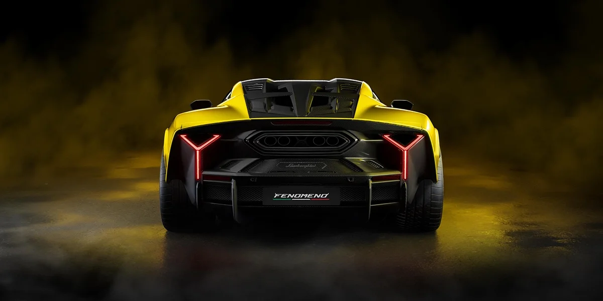 Rear view of Lamborghini Fenomeno showcasing aerodynamic diffuser and Y-shaped taillights.