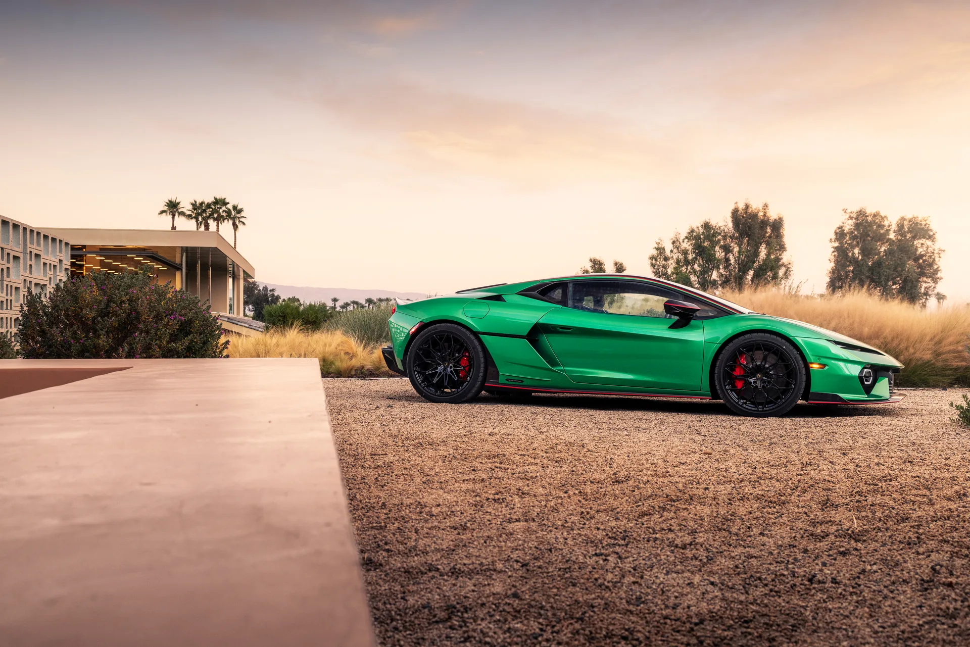 Green Lamborghini Temerario in a desert setting